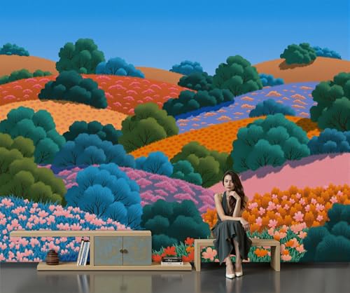Campos Coloridos Papel Pintado, 450 X 315 Cm Pared Papel Pintado, Pintura Paisaje Pastoral Decoración De Paredes Para Salón Dormitorio Pasillo Comedor, Azul