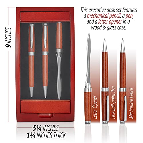 Alex Navarre's Pen, Pencil & Letter Opener Set In A Wood And Glass Case #TOP1