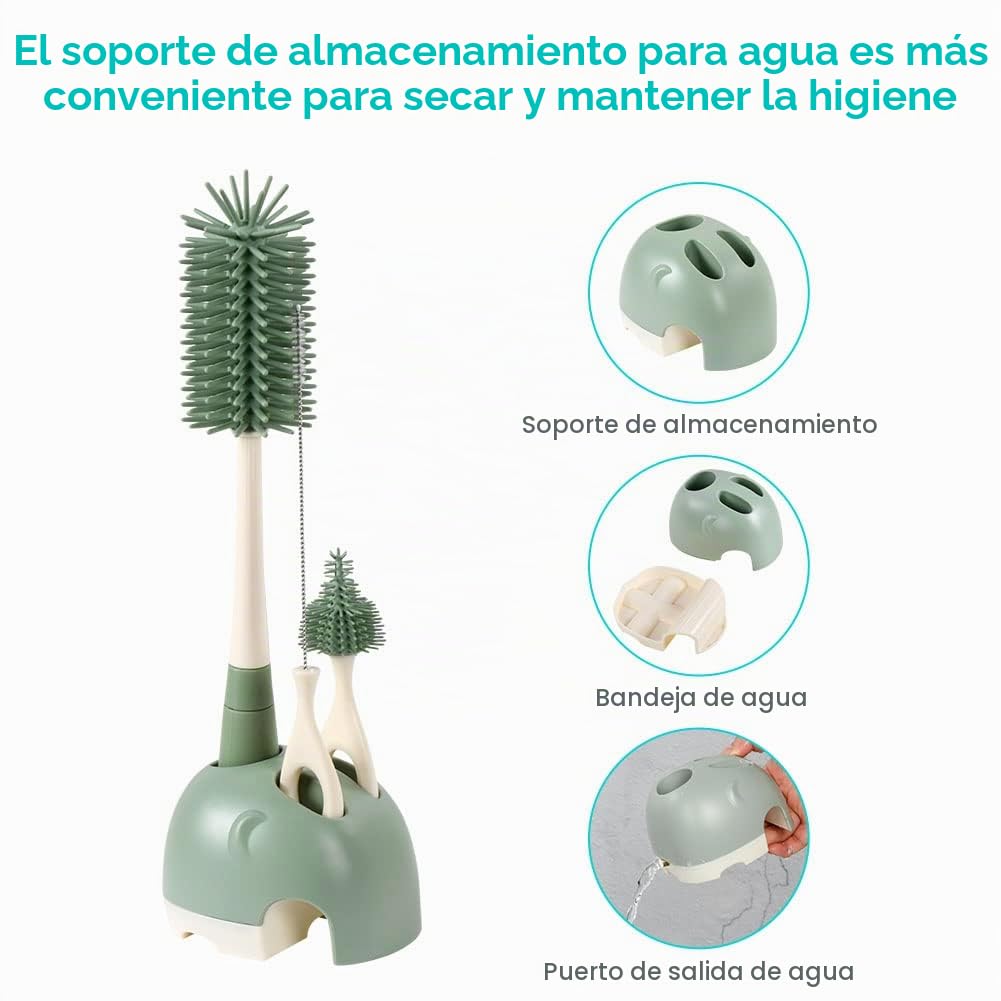 Vicloon Cepillo para Biberones, Cepillo de Silicona para Botella con Soporte de Almacenamiento, Cepillo de Pezón Limpieza de Botellas para Bebés Kit para Botellas y Tetina(Verde)