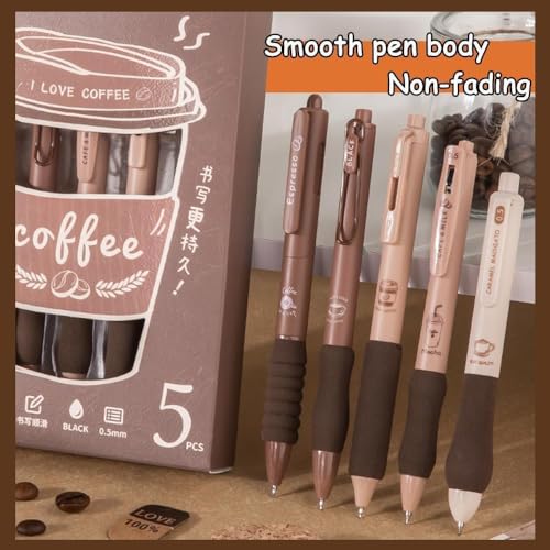Image of Shuttle Art Coffee Theme Ball Pen Set of 5 | Black Ink 0.5mm Fine Tip Smooth Writing Pens | Soft Grip Cute Aesthetic Pens for School Students Office College Journaling Notes Exams Daily Use & Gift