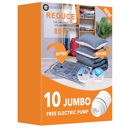 10 Jumbo Vacuum Storage Bags with Electric Pump,Plastic Packaging Bags, Space Saver Bag for Clothes, Mattress, Blanket, Duvets, Pillows, Comforters, Travel