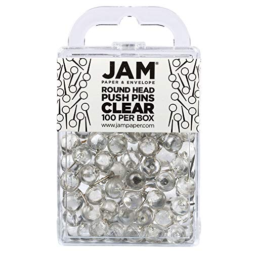 JAM PAPER Colorful Push Pins - Round Head Map Thumb Tacks - Clear Pushpins - 100/Pack
