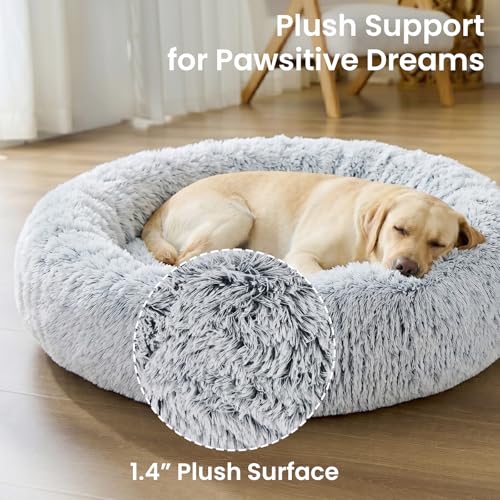 Image of JOLLYVOGUE Calming Dog Beds Extra Large Sized Dog, 45in Donut Washable Large Pet Bed, Anti-Slip & Anti-Anxiety Fluffy Faux Fur Round Dogs Bed, Fits up to 125 lbs Pets (Smoke Grey)