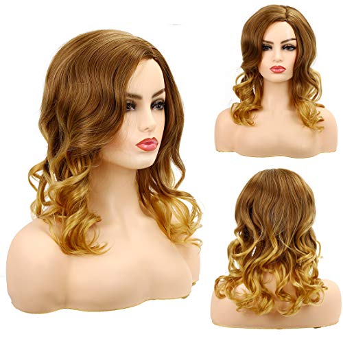 Baruisi Short Wavy Brown Mixed Blonde Wigs for Women Side Part Natural Looking Cosplay Synthetic Fiber Wig