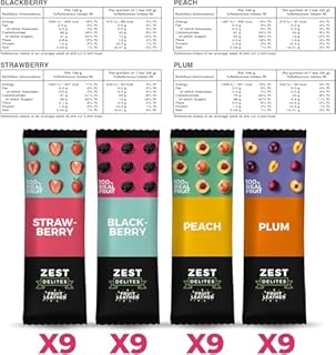 Zest Delites Snack Dolci in Pelle di Frutta, Merendine Senza Glutine, 36 Pack, Fragola, Mora, Albicocca e Prugna, Barrette Energetiche Ciclismo, Frutta Secca Mix, Snack Monoporzione, 36x25g