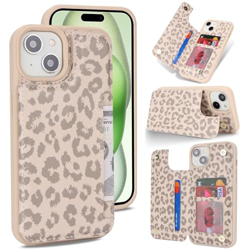iCoverCase Compatible with iPhone 15 Wallet Phone Case with Card Holder for Women Men [RFID Blocking] Card Slots PU Leather Protective Wallet Case 6.1 Inch (Beige Leopard)