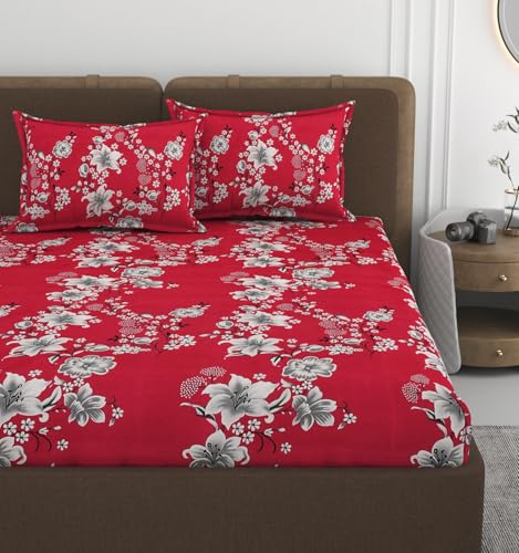 Image of VOMZER 300 TC Cotton Feel All Around Elastic Fitted Queen Size Floral Bedsheets, Supersoft Elastic Fitted Double Bedsheet with 2 Pillow Covers, Size 60x78x8 Inches White