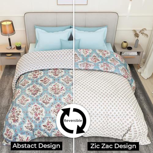 Image of Comforter Double Bed Blanket for Winter Double Size | Microfiber Blanket | Dohar | 220x250 cm | Cream & Blue Blanket Floral Design | Cozy Bedding Blankets for Winter -All Seasons