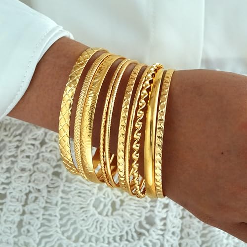 Image of IF ME Gold Bangle Bracelets for Women, Indian Bangles Stackable Set, Multi Layer Textured 18K Gold Plated Chunky Bracelets Boho Jewelrys Set