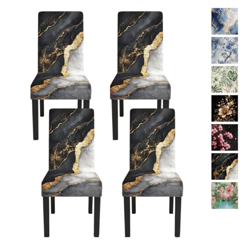 Image of Black Marble Dining Chair Covers Set of 4, Gold Vein Slipcovers