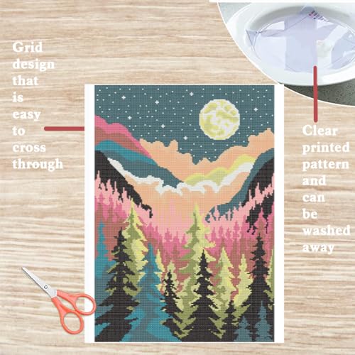 Image of FREEBLOSS 11CT Scenery Cross Stitch Kits for Adults Stamped Cross Stitch Wall Hanging Kit Embroidery Kit Cross Stitch Starter Kit with English Instructions, Cotton Embroidery Fabric