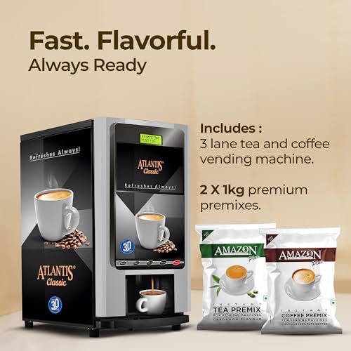 Image of ATLANTIS Classic 3 Lane Tea /Coffee Vending Machine - 3 Liters Hot Tank | Premix Based Instant Hot Beverage Dispenser