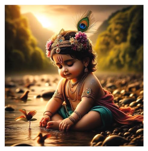 Image of Little Krishna Water Nadhi Wall Poster for Pooja Room, Office, Kids Room (Size- 46CM X 46CM)