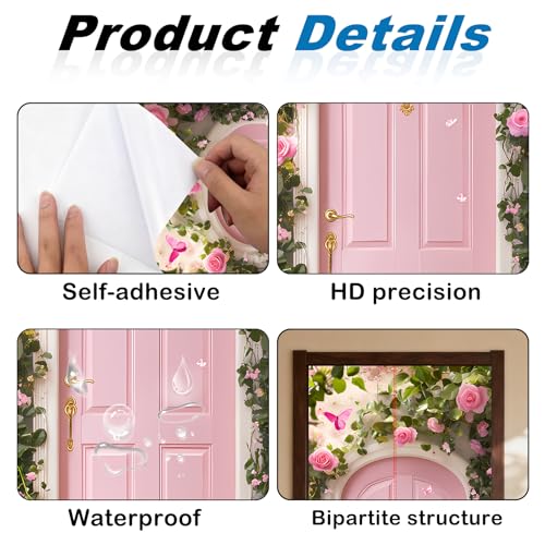 Image of Nuxovilar Pink Rose Door Stickers Peel Stick PVC 30.3x78.7 in Cover | Door Stickers Wall Decals Peel Stick Cover Vinyl Art Poster Bedroom Garden Room Home (Pink Rose)