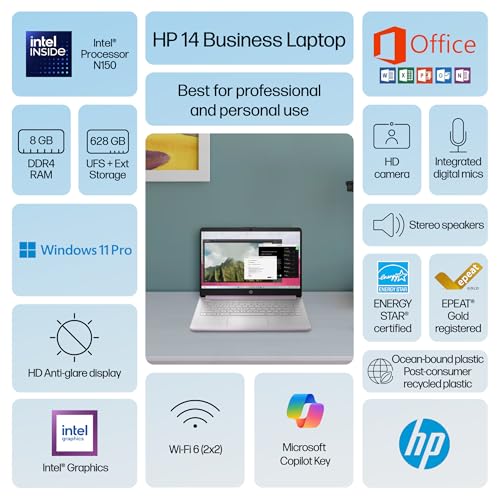 Image of HP Ultrabook 14 Laptop Computer Business Study & Home 2025, Lifetime MS Office + Windows 11 Pro, Quad-Core Intel CPU, 8GB RAM & 628GB Storage (128GB UFS+500GB Ext), Wi-Fi 6, HubxcelAccessory, Lavender