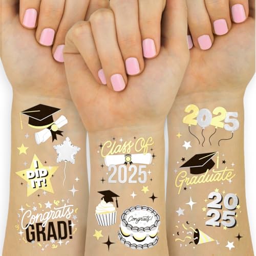 xo, Fetti 2025 Graduation Temporary Tattoos - 48 Foil Styles | New Grad Party Decorations, College Graduate Girls Accessory, High School Senior Gift, Graduation Cap Tassel Decor, Congrats Grad Favor