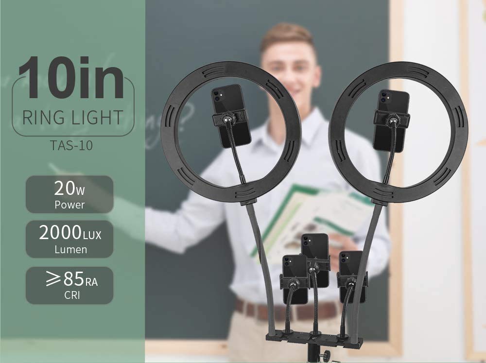 TAS-10 10 "20W LED Doppio anello luminoso Selfie Ring Light con porta di ricarica USB e staffa per cellulare per live streaming/trucco, video YouTube/Tiktok