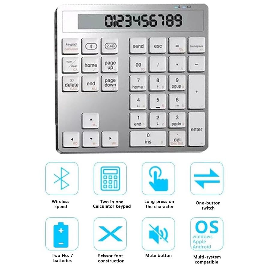 JOMAA K1005 keypad with icons representing its features: wireless speed, 2-in-1 calculator keypad, long press function, one-button switch, battery type, scissor foot construction, mute button, and multi-system compatibility.