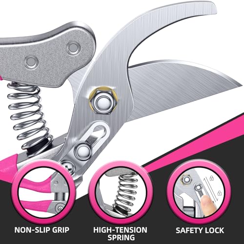Image of DECERK 8.5 inch Bypass Pruning Shears for Women - Lightweight Garden Scissors, Ultra Sharp SK5 Blade, Ergonomic Handle Reduces Hand Fatigue, Ideal Pruners for Arthritic Hands, Pink Tools Gift for Mom