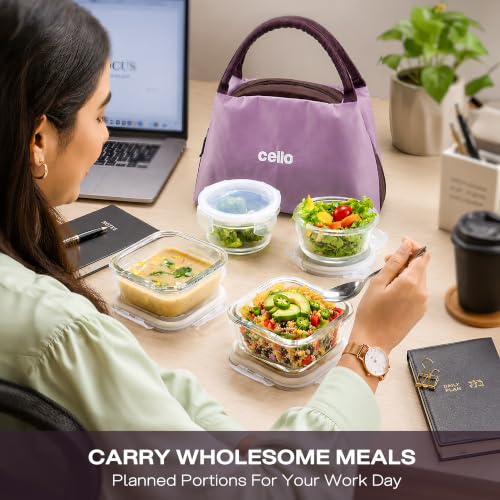 Image of CELLO Alba Glass Lunch Box with Bag for Office Use, Purple | 2 x 320ml Square + 2 x 240ml Round Microwave Safe Containers with Spoon & Fork, Fridge Safe Leak Proof Airtight Tiffin Box Set for Travel