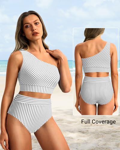 Image of Holipick Black Stripes Women One Shoulder High Waisted Bikini Sets Two Piece Swimsuit Tummy Control Bathing Suit Full Coverage Swimwear L