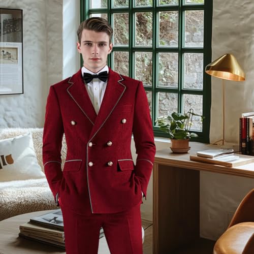 UNINUKOO Double Breasted Suit Men Velvet Classic Fit Formal Dinner Party Wedding 2 Piece Business Suits for Men US Size L Burgundy2