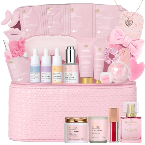 Rose Facial Skin Care Set, 33 Pcs Bath & Body Spa Basket for Women, Beauty Care Kit, Sheet Mask, Makeup Bag, Face Serum, Bath Bomb, Perfume, Christmas, Mother Day, Valentine’s, Birthday, Baby Shower