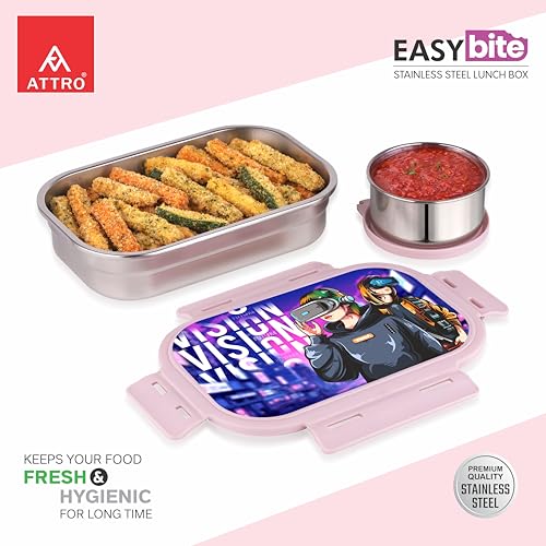 Image of ATTRO Easy Bite Stainless Steel Lunch Box with Inner Steel Body, Airtight 4-Side Lock Lid, Leakproof Silicone Seal, Small Container for Office School Kids Tiffin Box - 650ml+150ml-VR Gaming Peach