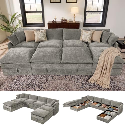 Image of Ihanherry 135 inch Oversized Sectional Sofa Bed with Storage, 8-Seater Modular Cloud Couch with Movable Ottomans, Chenille Deep Seat Sleeper Couches for Living Room (Grey)