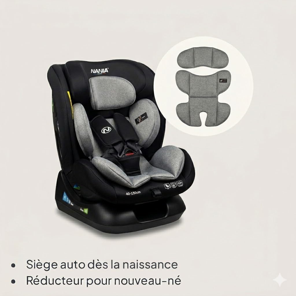 Nania Prato evol +, Siège auto enfant, I-Size, 40-150 cm, dos route jusqu'à 105cm, Evolutif naissance à 12 ans, Fixations ceinture de sécurité, Réglage de l'Appui-tête et de l'Inclinaison.