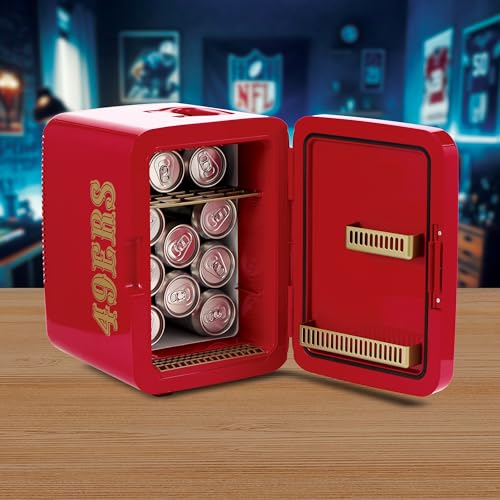 Image of Ukonic NFL San Francisco 49ers 15-Can Mini Fridge 10L - AC /DC Powered, Official Team Colors & Logo, Portable Cooler for Tailgates, Home, Office, or Car