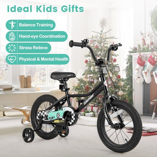 COSTWAY 14 Inch Kids Bike, Boys & Girls Training Bike w/Removable Training Wheels, Pneumatic Tires, Adjustable Handlebar & Seat, Dual Brake System, Children Toddler Bicycle for 3-8 Years Old, Black