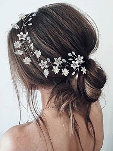 CAKURE Flower Hair Vine Pearl Crystal Bridal Hair Pieces Bride Wedding Hair Accessories for Brides and Bridesmaid