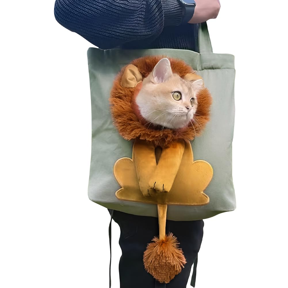 Lion-Shaped Pet Canvas Shoulder Bag Portable Cat Carrier Tote Bag Breathable Dog Carrying Case Outdoor Travel Handbag for Small Cat Dog Pet