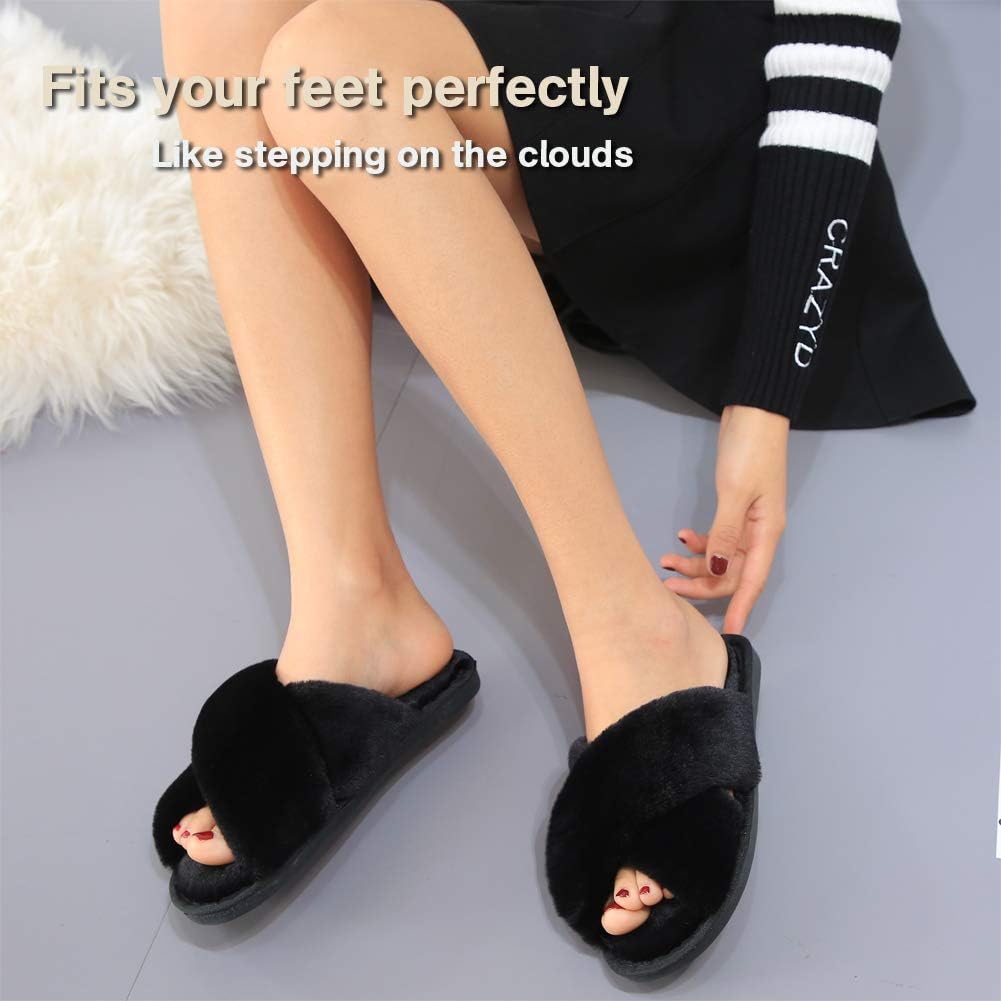 LZLER Women’s Cross Band Slippers, Soft Plush Fleece Lightweight Non Slip Open Toe Flip Flop Shoes House Indoor Or Outdoor Fur Fuzzy Slippers