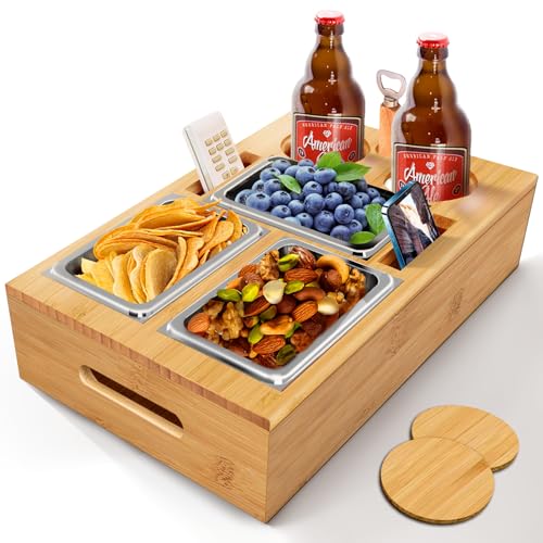TFSZE Sofá Bar,Couch Bar Sofa Bandeja con Tapa Extraíble,Bandeja De bambú para Sofá,con 3 Cuencos De Acero Inoxidable Y Soporte para Botellas, con Caja De Aperitivos Extraíble