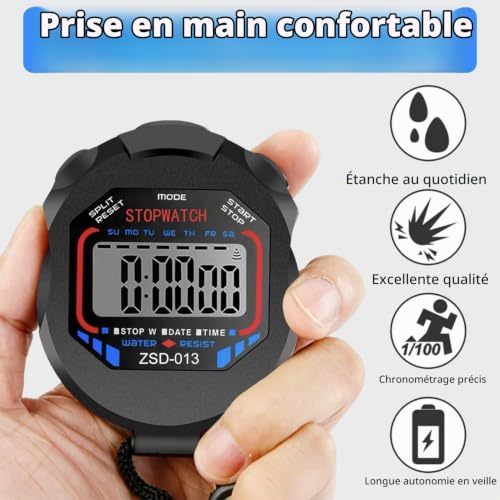 Chronomètre de Sport Numérique avec Horloge, Chronomètre Électronique Étanche, pour Football, Basket, Course, Natation, Fitness – vue 4