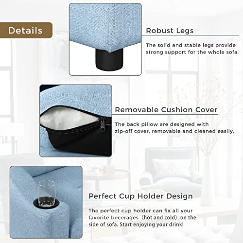 Biadnbz Modern Sectional Sleeper With Pull Out Sofa-Bed, Storage Chaise And Cup Holder, Linen Fabric L Shaped 3 Seater Couch For Living Room, Apartment, Blue #TOP6