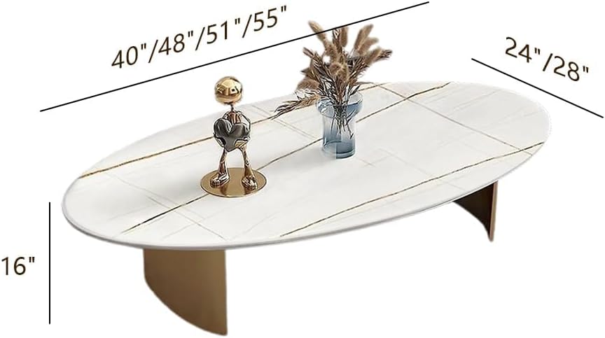Marble Top Oval Coffee Table, Stone Coffee Table, Small Space Cocktailtable with Double Pedestal Metal Base (F, 48" L×24" W / 120×60cm)