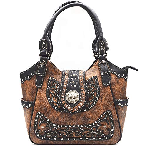 Western Style Rhinestone Studs Floral Berry Concho Studded Purse Country Cowgirl Handbag Women Shoulder Bag Wallet Set Brown2
