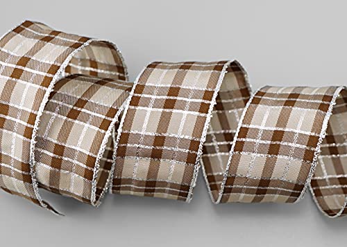 finemark 20 m x 40 mm Checked Christmas Ribbon Taupe Silver (225) with Lurex Wire Edge Ribbon Decorative Ribbon Gift Ribbon Tartan Check Shiny Ribbon Gold Edge Wire Ribbon Winter Christmas Check - Image 2