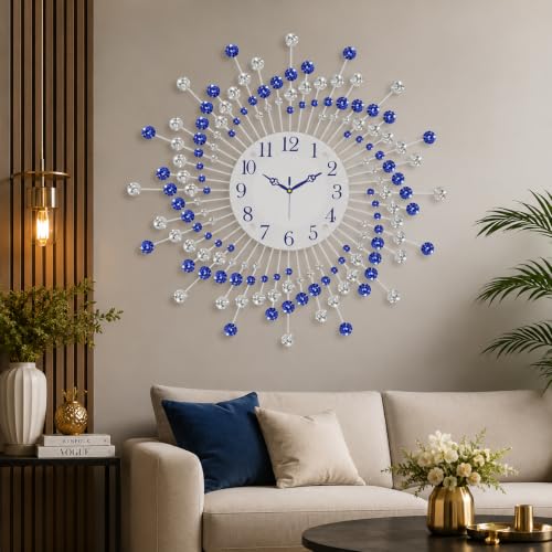 Image of CHRONIKLE Beautiful Crystal Analog Floral Design Round Diamond Studded Metal Wall Clock for Living Room Home Decor Office Gifts (Size: 60 x 5 x 60 CM | Color: Blue & White | Weight: 1460 Gram)