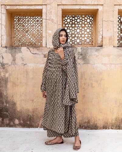 Image of GoSriKi Women's Kashmiri Faren Abaya Black Hand-Block Anarkali Kurta Set, Ethnic Loose Fit, Comfortable Party & Casual Wear