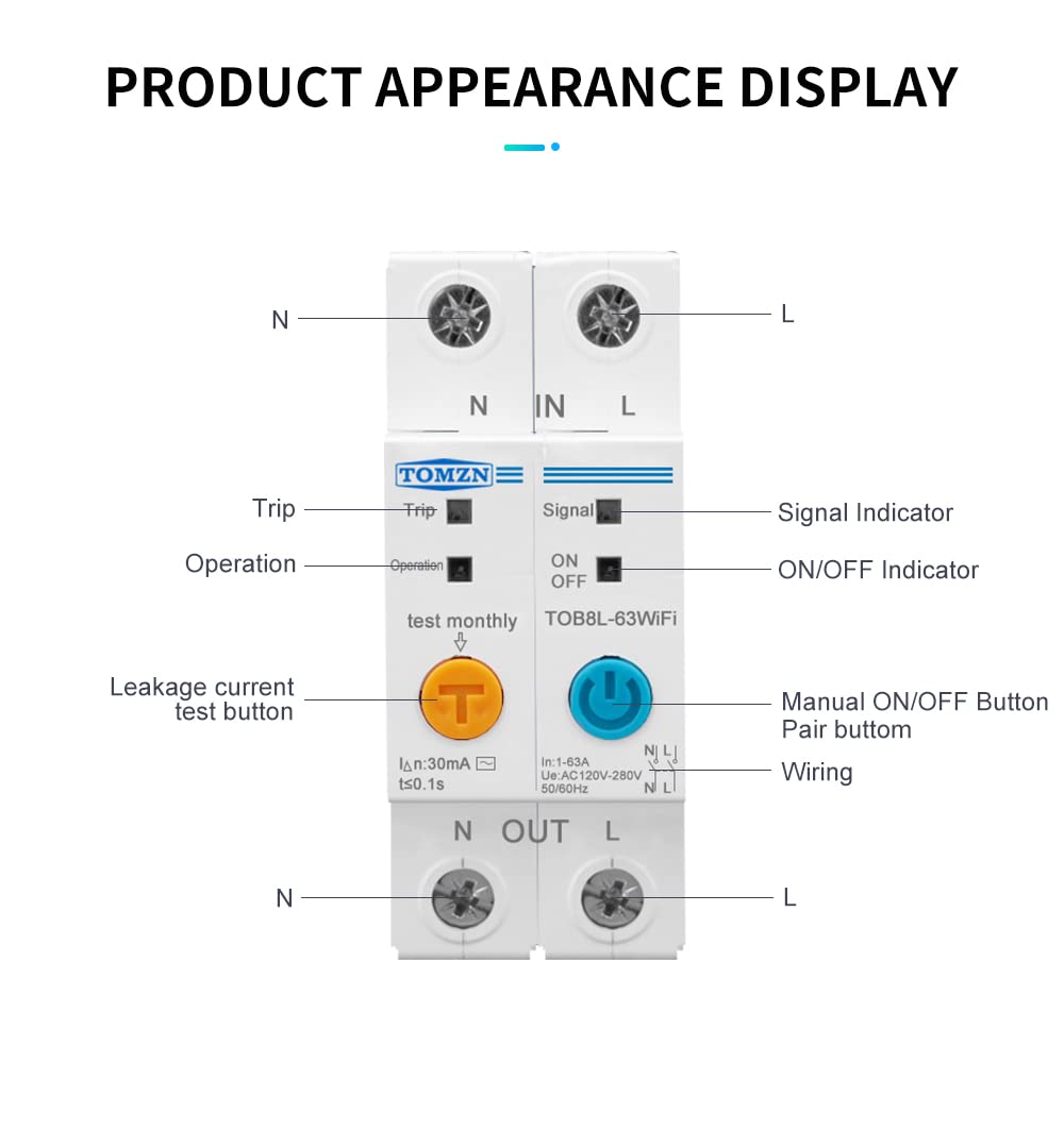 Disjoncteur,Disjoncteur Différentiel 63A monophasée WIFI Smart Energy Compteur KWh Mesure de surveillance du disjoncteur du disjoncteur du disjoncteur avec protection contre les fuites