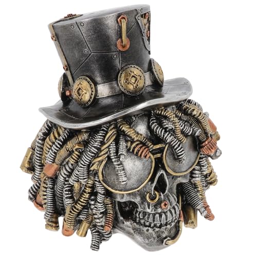 Image of Shudehill Giftware Steampunk Slash Skull Figurine – Gothic Metal Design with Top Hat and Dreadlocks (Height 18cm x Width 17cm x Depth 16cm)