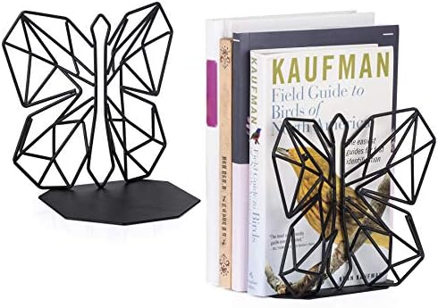 Alsonerbay Bookends Geometric Decorative Metal Book Stoppers Abstract Creative Book Supports, Book Holders for Shelves, Butterfly Book Ends for Office 1 Pair (Black)