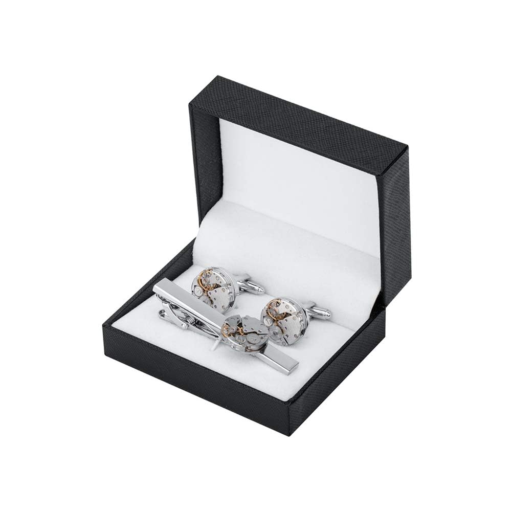 Uhrwerk Silber Manschettenknöpfe und Krawattennadel Clip Set für Männer Stilvolles Accessoire Geschenkset
