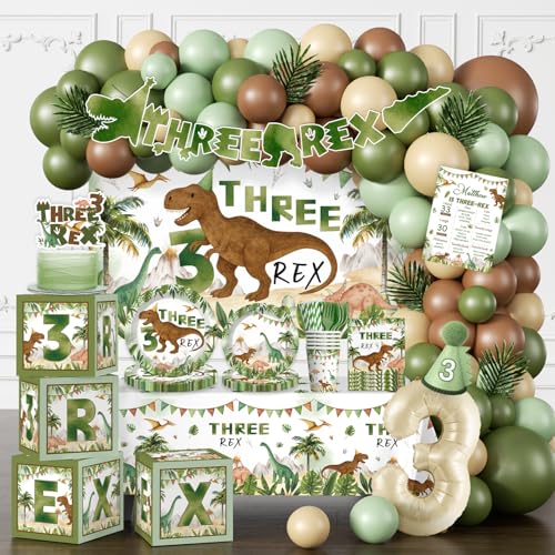 cocomigo 232pcs Three Rex Birthday Decorations Boy Complete Party Set, 3 Rex Birthday Decorations Boys, for Dinosaur Theme 3rd Party Supplies, Serves 20 Guests