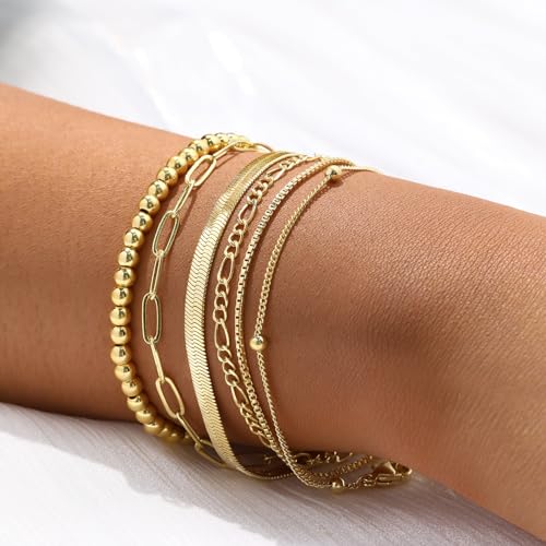 Gold Bracelets for Women, Dainty 14K Gold/Silver Plated Stackable Bracelets for Women Trendy Waterproof Paperclip Figaro Box Herringbone Chain Bracelet Pack Stack Adjustable Fashion Jewelry for Women3