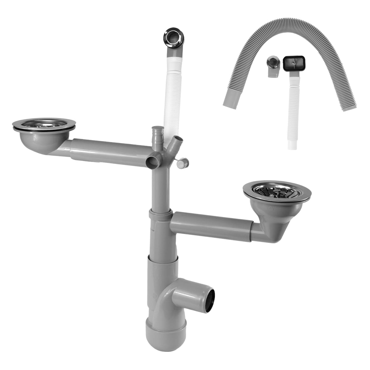 CRUDO PREMIUM Doppel Siphon Waschbecken Bad - 2-Kammer Raumsparsiphon Waschtisch - Abflussrohr Doppelwaschbecken mit Uberlauf,1 1/2" x 40